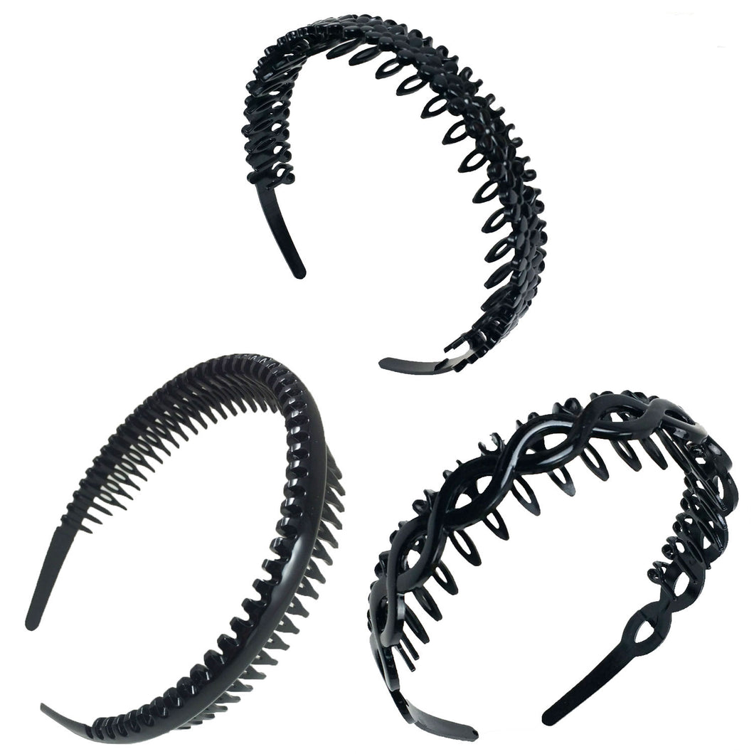 3 PCS Assorted Black Comb Headband for Women Girls Teeth Hairband